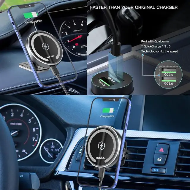 Alt view image 2 of 7 - Magnetic Wireless Car Charger, Auto Alignment for Magsafe Car Mount Charger iPhone 12/13 Mini, Pro, Pro Max, Car Air Vent and Car Dashboard Phone Holder with 36W QC 3.0 Fast Car Charger (Black)