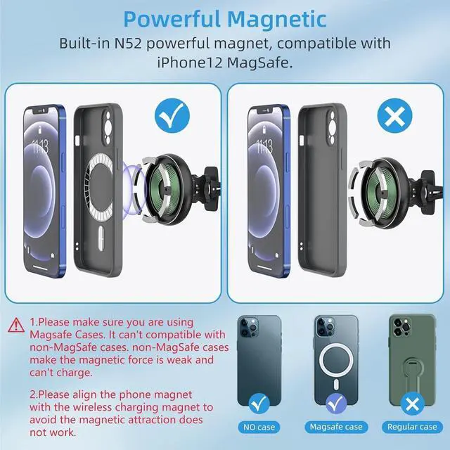 Alt view image 4 of 7 - Magnetic Wireless Car Charger, Auto Alignment for Magsafe Car Mount Charger iPhone 12/13 Mini, Pro, Pro Max, Car Air Vent and Car Dashboard Phone Holder with 36W QC 3.0 Fast Car Charger (Black)