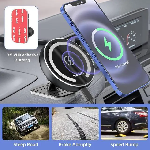 Alt view image 6 of 7 - Magnetic Wireless Car Charger, Auto Alignment for Magsafe Car Mount Charger iPhone 12/13 Mini, Pro, Pro Max, Car Air Vent and Car Dashboard Phone Holder with 36W QC 3.0 Fast Car Charger (Black)