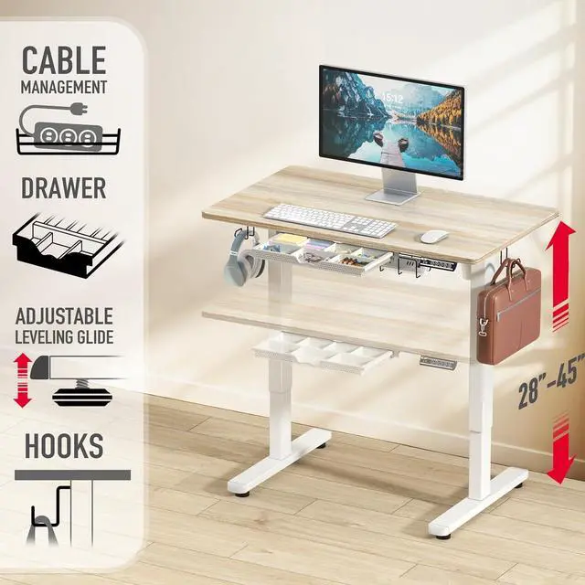 Alt view image 3 of 7 - SHW 40-Inch Electric Height Adjustable Standing Desk w/Drawer, Maple | w/ Memory Presets and Cable Management | Drawer with adjustable compartments | Hanging Hooks