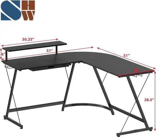 Alt view image 3 of 7 - SHW 51 x 51 L-Shaped Corner Desk w/Monitor Stand and Drawer, Black | Drawer with adjustable compartments