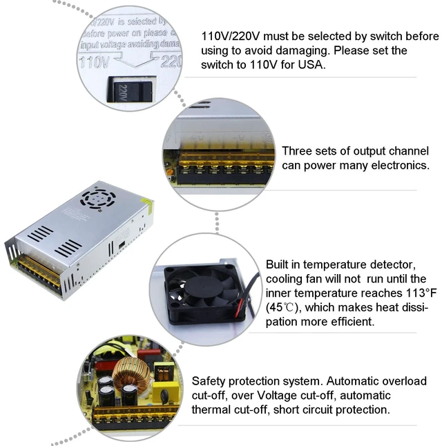 Alt view image 3 of 7 - AC 110V/220V to DC 12V 30A 360W Universal Regulated Switching Power Supply Transformer Adapter LED Driver for LED Strip CCTV Camera System Radio
