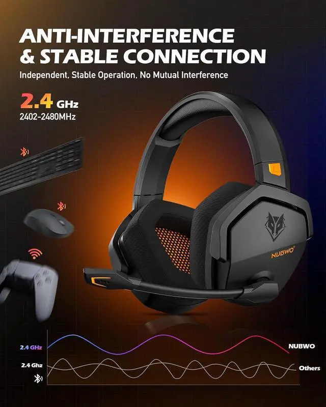 Alt view image 2 of 7 - NUBWO Wireless Gaming Headset with Mic for Ps5 Ps4 PC, Zero Interference, 100-Hour Battery All-Day Play, 23ms Sync for Fortnite & Call of Duty/FPS Gamers, Triple Mode All Devices Compatible - Orange
