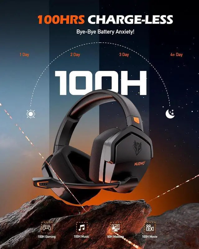 Alt view image 4 of 7 - NUBWO Wireless Gaming Headset with Mic for Ps5 Ps4 PC, Zero Interference, 100-Hour Battery All-Day Play, 23ms Sync for Fortnite & Call of Duty/FPS Gamers, Triple Mode All Devices Compatible - Orange