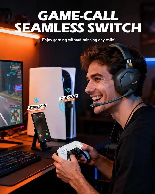 Alt view image 3 of 7 - NUBWO Wireless Gaming Headset with Mic for Ps5 Ps4 PC, Zero Interference, 100-Hour Battery All-Day Play, 23ms Sync for Fortnite & Call of Duty/FPS Gamers, Triple Mode All Devices Compatible - Orange