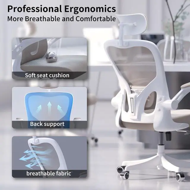 Alt view image 5 of 7 - Monhey Office Chair Ergonomic Desk Chair with Lumbar Support&Headrest&Flip-up Arms Height Adjustable Rocking Swivel Computer Chair Multi-Angle from 90° to 125° with 350LBS Capacity (02White+Khaki)
