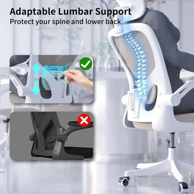 Alt view image 3 of 7 - Monhey Office Chair Ergonomic Desk Chair with Lumbar Support&Headrest&Flip-up Arms Height Adjustable Rocking Swivel Computer Chair Multi-Angle from 90° to 125° with 350LBS Capacity (02White+Khaki)