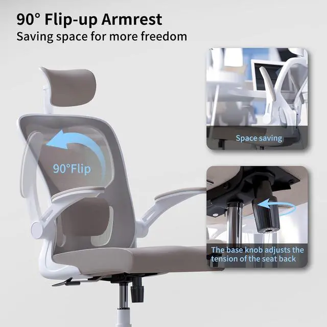 Alt view image 6 of 7 - Monhey Office Chair Ergonomic Desk Chair with Lumbar Support&Headrest&Flip-up Arms Height Adjustable Rocking Swivel Computer Chair Multi-Angle from 90° to 125° with 350LBS Capacity (02White+Khaki)