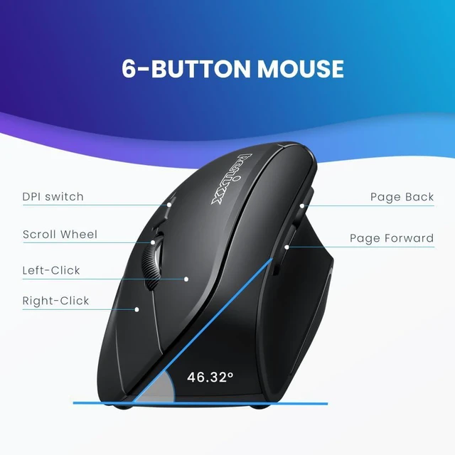 Alt view image 4 of 7 - Perixx PERIMICE-715II Wireless Ergonomic Vertical Mouse - 2.4 G - 800/1200/1600 DPI - Right Handed Natural Ergonomic Vertical Design