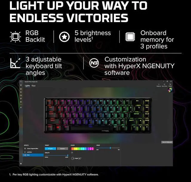 Alt view image 6 of 7 - HyperX Alloy Origins 65 - Mechanical Gaming Keyboard Compact 65% Form Factor - Tactile Aqua Switch - Double Shot PBT Keycaps - RGB LED Backlit - NGENUITY Software Compatible