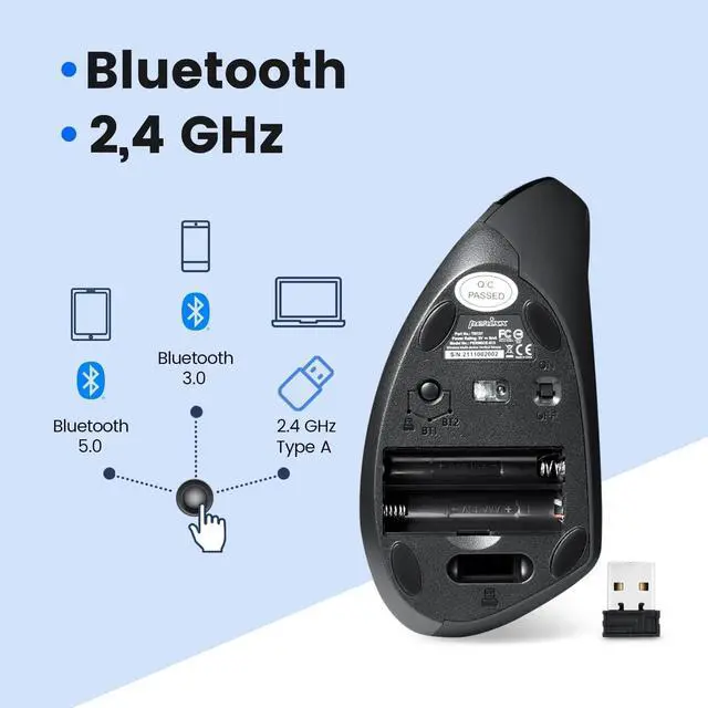 Alt view image 3 of 7 - Perixx PERIMICE-813B Bluetooth Vertical Mouse - Wireless 3-in-1 Multi-Device Technology - Travelling Carry Bag - Black - Right Handed