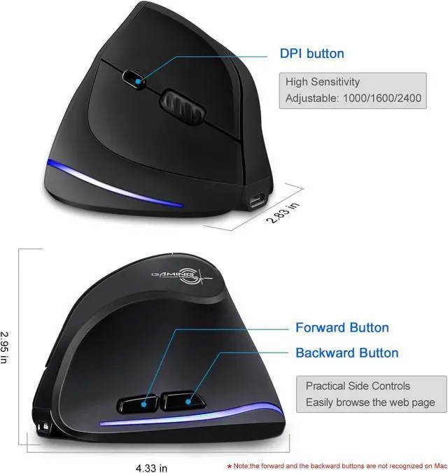 Alt view image 5 of 5 - TRELC Ergonomic Mouse, 2.4G Wireless Vertical Optical Mouse with Adjustable Sensitivity (1000/1600/2400 DPI), 6 Buttons for PC, Desktop, Laptop, Notebook (Black)