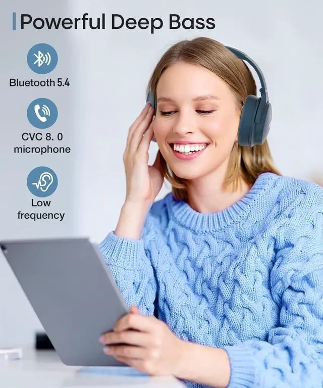 Alt view image 4 of 7 - INFURTURE Active Noise Cancelling Over Ear Bluetooth Headphone Deep Bass H1 | Comfortable, Hi-Fi Stereo, 90H Playtime, Low Latency, Foldable Lightweight for Travel, Office, Sport Running - Blue