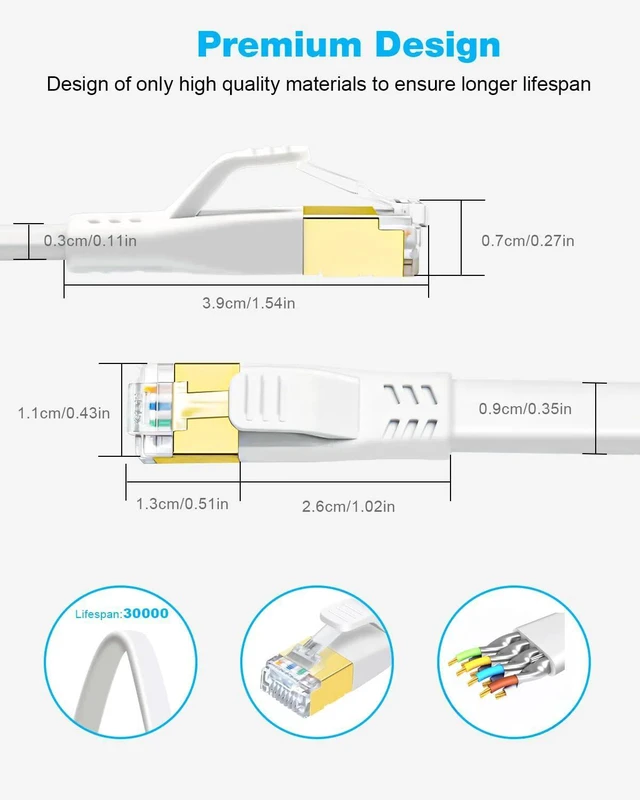 Alt view image 6 of 7 - DDMALL CAT 8 Ethernet Cable 100ft, High Speed 40Gbps 2000MHz Flat CAT8 Patch Cord, Gigabit Internet Network LAN Cable with Gold Plated RJ45 for Gaming, Modem, Router, X Box, PC (100ft White)