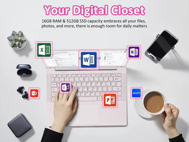 Alt view image 7 of 7 - KurieTim Student Laptop Computer, 14.1" 2K FHD IPS Display, 4C/4T Intel Celeron N5105 Processor, 16GB RAM/ 512GB SSD, Windows 11 Laptop with Fingerprint Reader, Backlit KB, Type-C, Webcam Switch, Pink