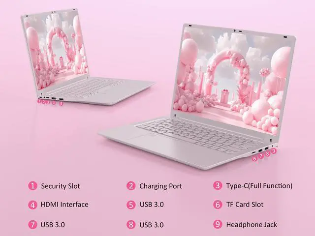 Alt view image 6 of 7 - KurieTim Student Laptop Computer, 14.1" 2K FHD IPS Display, 4C/4T Intel Celeron N5105 Processor, 16GB RAM/ 512GB SSD, Windows 11 Laptop with Fingerprint Reader, Backlit KB, Type-C, Webcam Switch, Pink