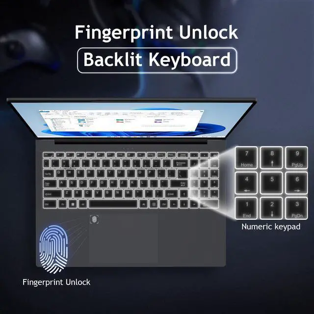 Alt view image 3 of 6 - KurieTim Business and Student Laptop, 16" IPS 1920*1200 Display Screen, AMD Ryzen 3250U(2C/4T, Up to 3.5GHz) , 16GB RAM, 1TB SSD, Windows 11 Pro Laptop Computer, Fingerprint Unlock, Backlit Keyboard