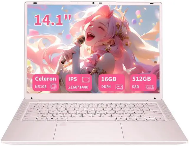 Main image of KurieTim Student Laptop Computer, 14.1" 2K FHD IPS Display, 4C/4T Intel Celeron N5105 Processor, 16GB RAM/ 512GB SSD, Windows 11 Laptop with Fingerprint Reader, Backlit KB, Type-C, Webcam Switch, Pink