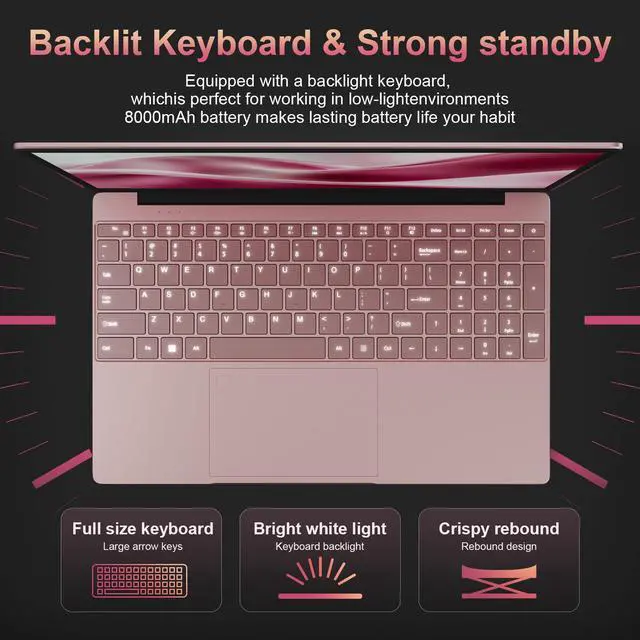 Alt view image 3 of 7 - KurieTim 15.6" Laptop, Windows 11 Laptop Computer,16GB DDR4 512GB SSD, Quad-Core N95 Processor(Up to 3.4GHz), 180°Open Angle, Support WiFi, USB3.0x2, Rose Gold