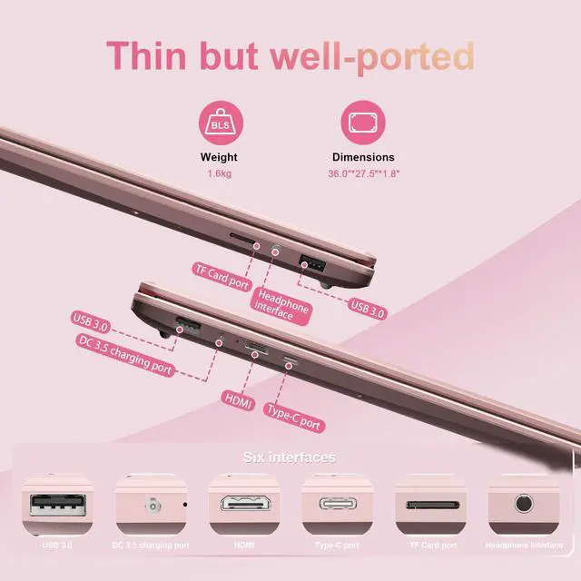 Alt view image 7 of 7 - KurieTim 15.6" Laptop, Windows 11 Laptop Computer,16GB DDR4 512GB SSD, Quad-Core N95 Processor(Up to 3.4GHz), 180°Open Angle, Support WiFi, USB3.0x2, Rose Gold