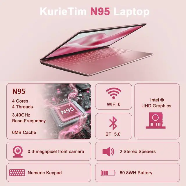 Alt view image 4 of 7 - KurieTim 15.6" Laptop, Windows 11 Laptop Computer,16GB DDR4 512GB SSD, Quad-Core N95 Processor(Up to 3.4GHz), 180°Open Angle, Support WiFi, USB3.0x2, Rose Gold