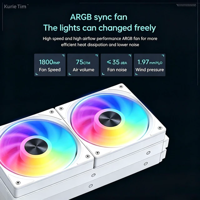 Alt view image 2 of 7 - KurieTim 360mm AIO Cooler, CPU Liquid Cooling with 3x120mm ARGB PWM Fan 1800 RPM, 2700 RPM Pump, LCD Screen, Low Noise AIO Liquid CPU Cooler - Intel LGA 1700/1200 AMD AM5/AM4 - White