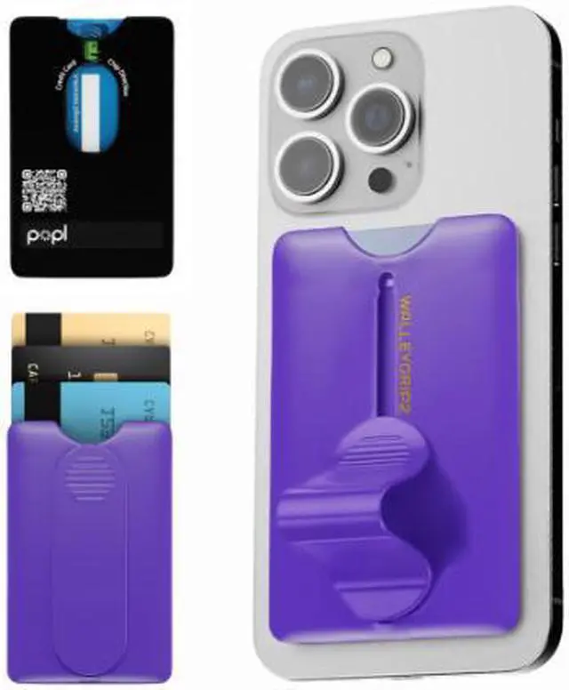 Main image of WalleyGrip 2.0 All-In-One Magnetic Phone Wallet, Comfortable Finger Loop Grip & Kickstand (Popl NFC Chip) Detachable MagSafe RFID Card Holder Mount | Holds 3 Cards | Safe Hands-Free Payments Purple