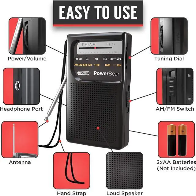 Alt view image 3 of 5 - PowerBear Portable Radio | AM/FM, 2AA Battery Operated with Long Range Reception for Indoor, Outdoor & Emergency Use | Radio with Speaker & Headphone Jack (Black)