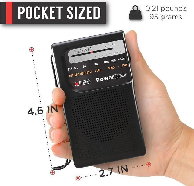 Alt view image 5 of 5 - PowerBear Portable Radio | AM/FM, 2AA Battery Operated with Long Range Reception for Indoor, Outdoor & Emergency Use | Radio with Speaker & Headphone Jack (Black)