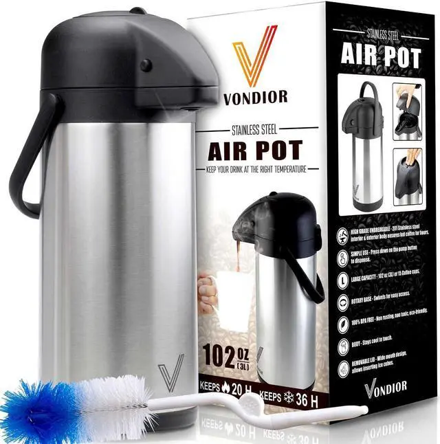 Main image of Vondior Airpot Coffee Dispenser with Pump - Insulated Stainless Steel 102 Oz Coffee Carafe - Thermal Beverage Dispenser - Thermos Urn for Hot/Cold Water, Party Chocolate Drinks