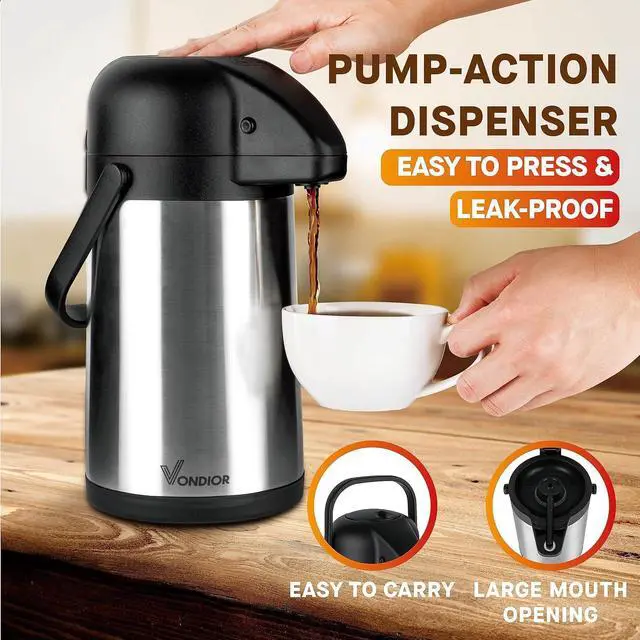 Alt view image 4 of 6 - Vondior Airpot Coffee Dispenser with Pump - Insulated Stainless Steel 64Oz Coffee Carafe - Thermal Beverage Dispenser - Thermos Urn for Hot/Cold Water, Party Chocolate Drinks 1.9