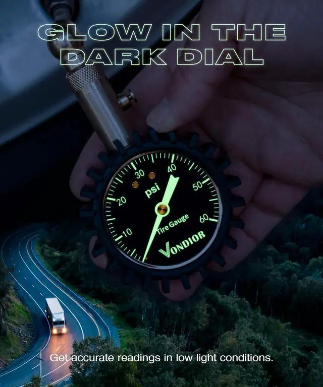 Alt view image 2 of 7 - Vondior Tire Pressure Gauge - (100 PSI) Heavy Duty, Certified ANSI Accurate with Large 2 Inch Easy to Read Glow Dial, Low - High Air Pressure Gauge. Tire Gauge for Car and Trucks Tires 100 PSI