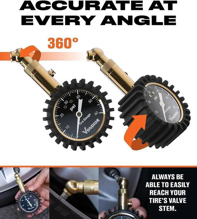 Alt view image 6 of 7 - Vondior Tire Pressure Gauge - (100 PSI) Heavy Duty, Certified ANSI Accurate with Large 2 Inch Easy to Read Glow Dial, Low - High Air Pressure Gauge. Tire Gauge for Car and Trucks Tires 100 PSI