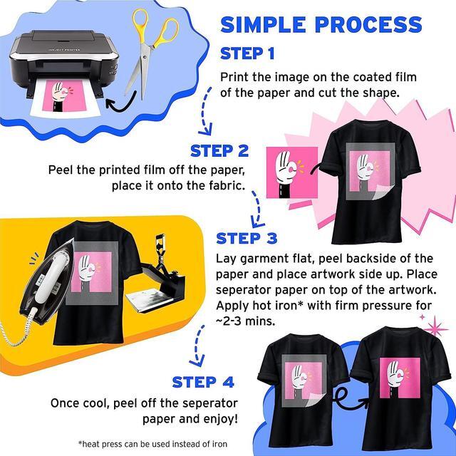 Alt view image 6 of 6 - Printers Jack Iron-On Heat Transfer Paper for Dark Fabric 8.3x11.7" T-Shirt Transfer Paper for Inkjet Printer Wash Durable, Long Lasting Transfer, No Cracking