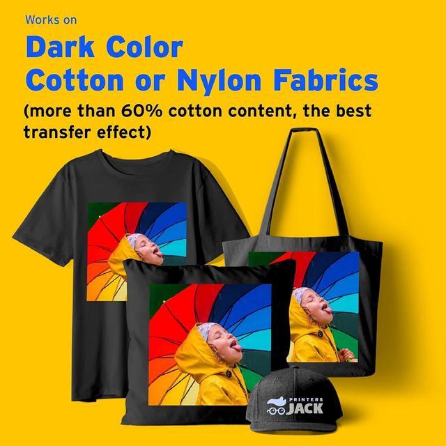 Alt view image 3 of 6 - Printers Jack Iron-On Heat Transfer Paper for Dark Fabric 8.3x11.7" T-Shirt Transfer Paper for Inkjet Printer Wash Durable, Long Lasting Transfer, No Cracking