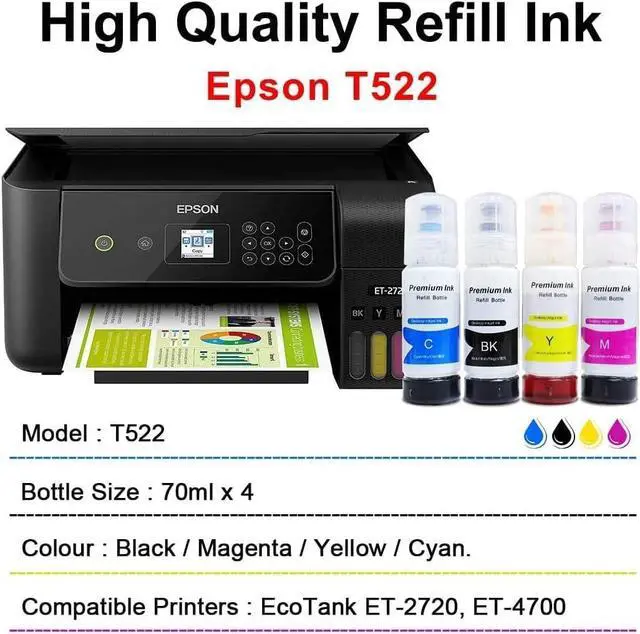 Alt view image 3 of 7 - Printers Jack Compatible Epson T522 Refill Ink Bottle Kit for Epson SuperTank ET-2800 ET-4700 ET-4800 ET-2710 ET-2720, ET-2803 Printer, 4 Packs