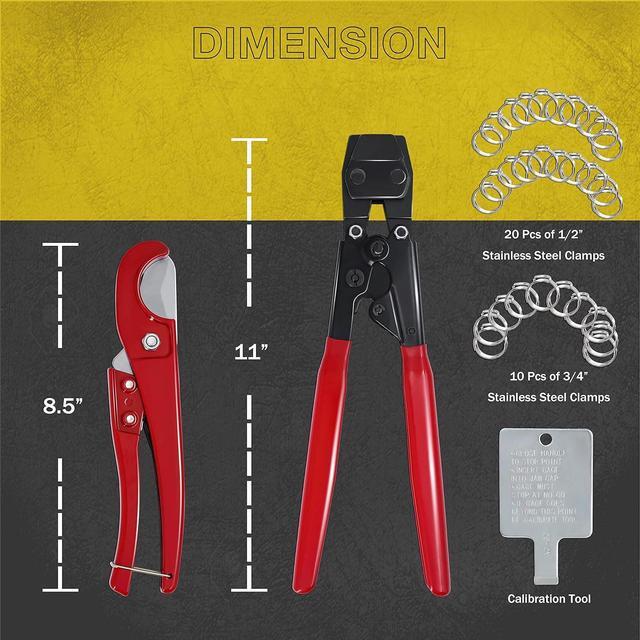 Alt view image 4 of 7 - KOTTO Ratchet PEX Crimping Clamp Cinch Tool & Pipe Hose Cutter Meets ASTM 2098 & Stainless Steel Pipe Clamps, Pipe Fitting Tool Kit Sizes 3/8" to 1" - 20 pcs 1/2", 10 pcs 3/4" Clamps With Storage Bag