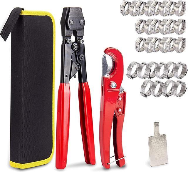 Main image of KOTTO Ratchet PEX Crimping Clamp Cinch Tool & Pipe Hose Cutter Meets ASTM 2098 & Stainless Steel Pipe Clamps, Pipe Fitting Tool Kit Sizes 3/8" to 1" - 20 pcs 1/2", 10 pcs 3/4" Clamps With Storage Bag