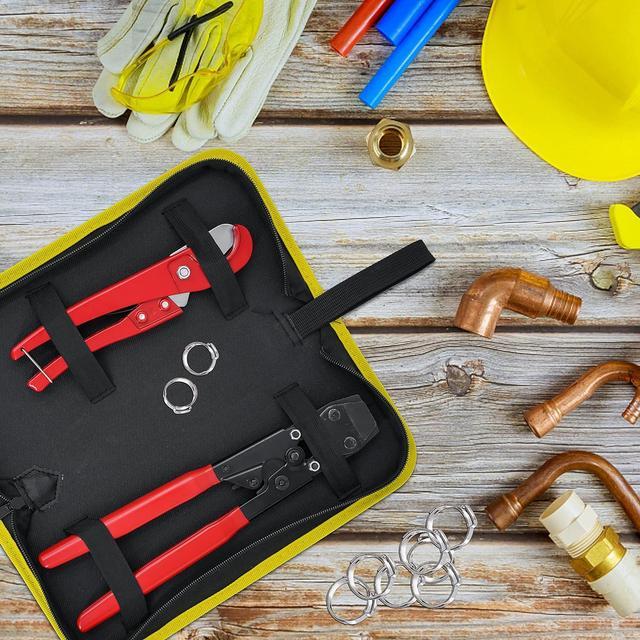Alt view image 7 of 7 - KOTTO Ratchet PEX Crimping Clamp Cinch Tool & Pipe Hose Cutter Meets ASTM 2098 & Stainless Steel Pipe Clamps, Pipe Fitting Tool Kit Sizes 3/8" to 1" - 20 pcs 1/2", 10 pcs 3/4" Clamps With Storage Bag