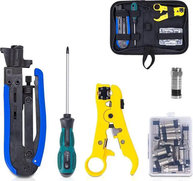 Main image of KOTTO Coax Cable Crimper Kit, Compression Tool Coax Adjustable RG6 RG59 RG11 75-5 75-7 Coaxial Cable Stripper with 20 PCS F Compression Connectors