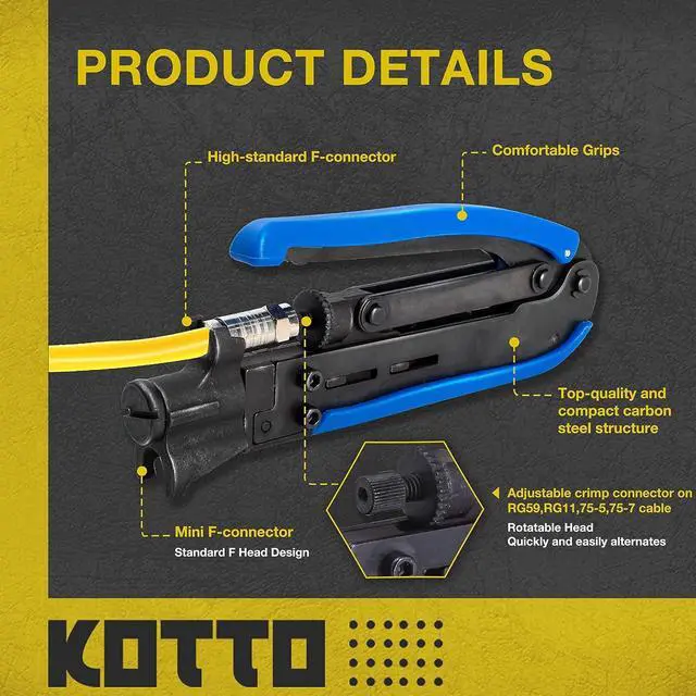 Alt view image 3 of 7 - KOTTO Coax Cable Crimper Kit, Compression Tool Coax Adjustable RG6 RG59 RG11 75-5 75-7 Coaxial Cable Stripper with 20 PCS F Compression Connectors