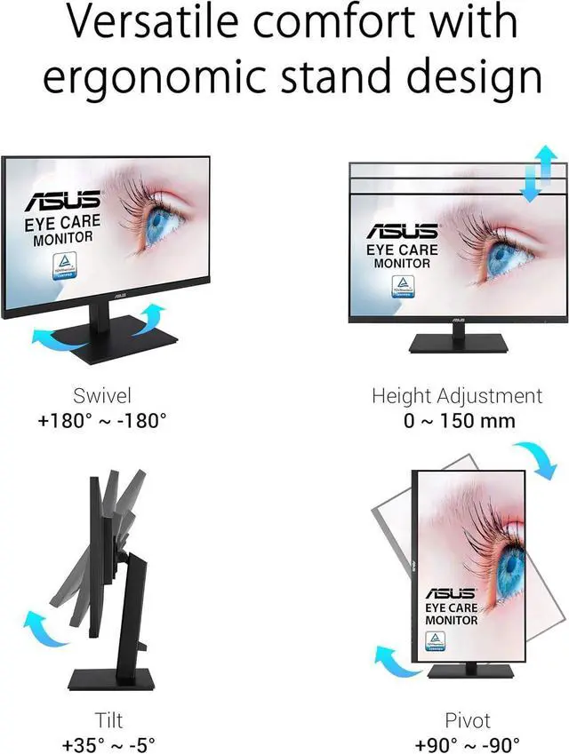Alt view image 7 of 7 - ASUS VA27DQSB 27" Monitor, 1080P Full HD, 75Hz, IPS, Adaptive-Sync, Eye Care, HDMI DisplayPort VGA USB Hub, Frameless, Ergonomic Design, VESA Wall Mountable, Height Adjustable