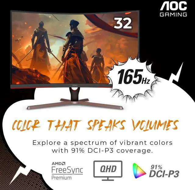 Alt view image 3 of 5 - AOC CQ32G3SE 32" Curved Gaming Monitor 2K QHD 2560x1440, 1000R, 165Hz 1ms, AMD FreeSync Premium