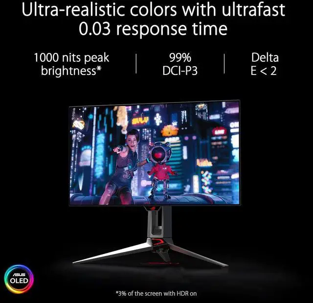 Alt view image 6 of 7 - ASUS 27" 240 Hz OLED WQHD gaming monitor 0.03ms (Gray to Gray) FreeSync Premium & G-Sync Compatible 2560 x 1440 (2K) Anti-glare micro-texture coating, 99% DCI-P3,True 10-bit, Flat Panel PG27AQDM