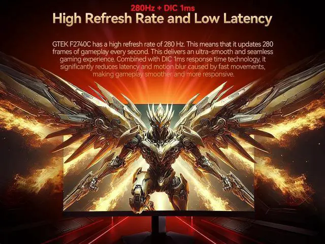 Alt view image 5 of 7 - GTek 280Hz Gaming Monitor, 27 Inch Frameless Display Full HD 1920 x 1080P, Curved 1500R, VA 1ms MPRT, FreeSync, DisplayPort/HDMI, 90% DCI-P3 - F2740C