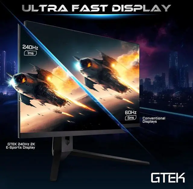 Alt view image 3 of 7 - GTek 240Hz 2K Gaming Monitor, 27 Inch Display Full WQHD 2560 x 1440P, Extreme Low Motion Blur, Fast IPS 1ms MPRT, DisplayPort/HDMI, VESA - Q2740P