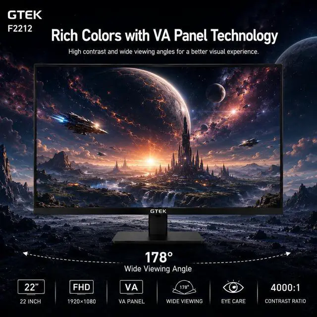 Alt view image 3 of 7 - GTek 22 Inch Gaming Monitor, FHD 1080P 120Hz VA Panel, 1ms MPRT, FreeSync/G-Sync Compatible, HDMI VGA Audio-in, Eye Care, Ultra-Slim Flat Screen for Gaming & Office