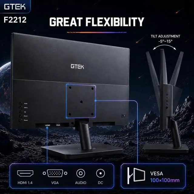 Alt view image 6 of 7 - GTek 22 Inch Gaming Monitor, FHD 1080P 120Hz VA Panel, 1ms MPRT, FreeSync/G-Sync Compatible, HDMI VGA Audio-in, Eye Care, Ultra-Slim Flat Screen for Gaming & Office