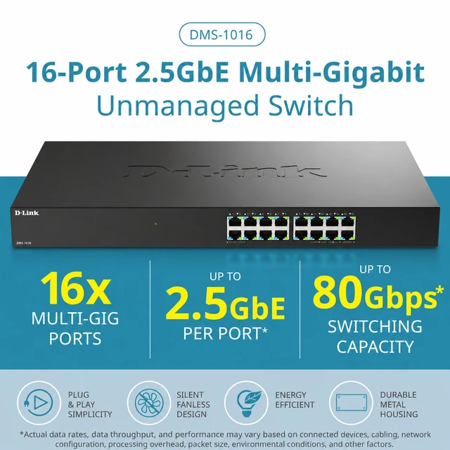 Alt view image 3 of 6 - D-Link 16-Port 2.5GbE Multi-Gigabit Unmanaged Ethernet Switch (DMS-1016), Follows NDAA/TAA