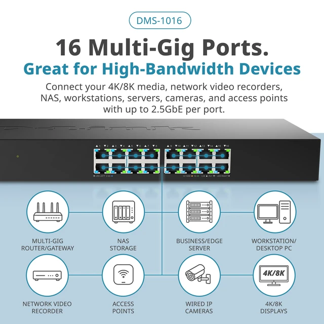 Alt view image 6 of 6 - D-Link 16-Port 2.5GbE Multi-Gigabit Unmanaged Ethernet Switch (DMS-1016), Follows NDAA/TAA